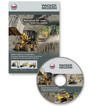 Package Designer - Wacker Neuson Corporation Co-op CD Packaging Labels containing construction equipment product photography, radio scripts, branding guidelines, vehicle identification branding, advertising templates - advertsing ad slicks, and billboard template
